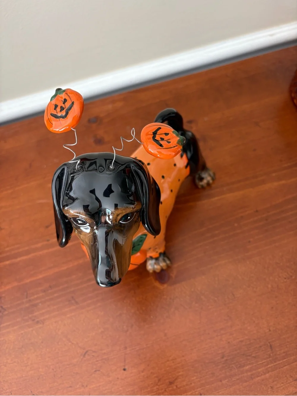 Blue Sky Halloween Dachshund Dog Figurine - Orange Pumpkin Design